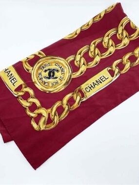 31 Rue Cambon Paris Burgundy Silk Scarf Gold Chain Print Chanel